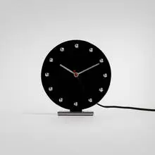 Gilbert Rohde, Table clock, model 4083A, 1933, glass, chrome-plated brass, matte chrome-plated steel, aluminum