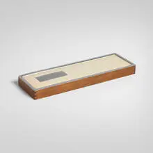 Manning Bowman & Co., Art Deco cigarette box, c. 1935, chrome-plated and enameled steel, walnut