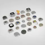 20th Century, Collection of twenty-seven tape measures, chrome-plated steel, plastic, crackle-lacquered steel