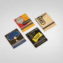 Vintage, Collection of four oversized matchbooks, c. 1930-1950, offset lithograph in colors on paper, matchsticks
