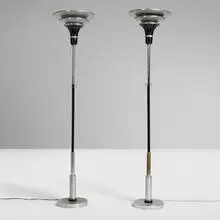 Floor lamps, pair by Machine Age, c. 1935, chrome-plated and lacquered brass, aluminum, sold Aug 2026