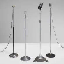 Machine Age, Collection of four floor microphones, c. 1940-1960, chrome-plated steel and brass, enameled cast iron, aluminum, lacquered aluminum, electronics