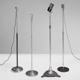 Machine Age, Collection of four floor microphones, c. 1940-1960, chrome-plated steel and brass, enameled cast iron, aluminum, lacquered aluminum, electronics