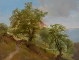 Blick von den Albaner Bergen (Wohl zwischen Albano und Castel Gandolfo) by Frederik (Fritz) Petzholdt, 1836, Öl auf Papier auf Leinwand aufgezogen, sold Jun 2023