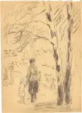 Max Liebermann, Frau mit Kind am Wannsee-Ufer“. (Vor) 1926, Kohle, teilweise gewischt, und Bleistift auf bräunlichem Papier