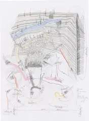 Jorinde Voigt, Situationsstudie VIII, 2013, Tinte, Ölkreide und Bleistift auf Velin