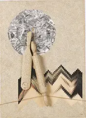 Jiří Kolář, Venusgericht im Nebel und Dämmerung unweit der Themse, 1980, 6-teiliges Ensemble: Collage, Chiasmage und Rollage auf Holzplatte