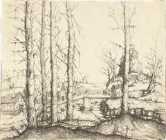 Augustin Hirschvogel, Flusslandschaft mit fünf kahlen Fichten im Vordergrund, 1549, Radierung auf Bütten