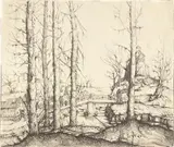 Augustin Hirschvogel, Flusslandschaft mit fünf kahlen Fichten im Vordergrund, 1549, Radierung auf Bütten