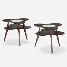 Erno Fabry, Occasional tables from a Los Angeles interior by Oliver Furth, pair, c. 1955, stained ash, glass