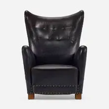 Fritz Hansen, Wingback chair, model 1672, c. 1942, leather, walnut, brass