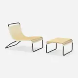 Hendrik Van Keppel and Taylor Green, Chaise lounge, model 801 and two ottomans, model 800, c. 1950, enameled steel, plastic cord
