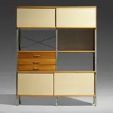 ESU 420-N by Charles and Ray Eames, 1950, enameled steel, lacquered Masonite, fiberglass, perforated steel, walnut plywood, lacquered plywood, birch, sold Jul 2023