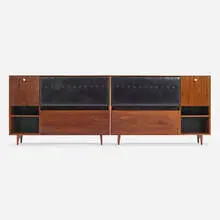 George Nelson, King-size Thin Edge headboard, 1956, rosewood, vinyl, lacquered wood, enameled aluminum, frosted glass