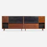 George Nelson, King-size Thin Edge headboard, 1956, rosewood, vinyl, lacquered wood, enameled aluminum, frosted glass