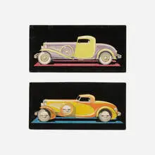 Machine Age, Streamlined coupe car/automobile renderings, set of two, 1932, colored pencil, graphite and ink on paper