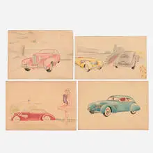 Machine Age, Collection of four streamlined car/automobile renderings, c. 1935-39, watercolor, pencil and colored pencil on paper; colored pencil, graphite and ink on paper
