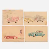 Machine Age, Collection of four streamlined car/automobile renderings