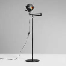 Jandor Inc., Sphero-Lux floor lamp, c. 1940, crackle-lacquered aluminum, lacquered steel, brass, and cast iron, chrome-plated steel, aluminum, glass, plastic, composite