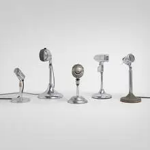 Machine Age, Collection of five microphones, c. 1945-1960, Chrome-plated steel, aluminum, plastic