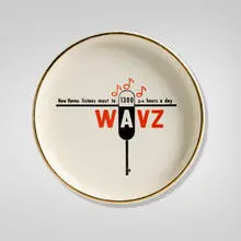 T.R. Mintz Sales Co., WAVZ radio station commemorative ashtray, c. 1960, screenprint in colors on glazed and gilt ceramic