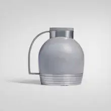 Henry Dreyfuss, Carafe, model 549, 1936, enameled aluminum, enameled steel, silver mirrored glass, cork