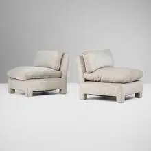 attribution Paul Frankl, Low lounge chairs, pair, c. 1940, upholstery