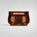 Harp radio, model A-501 by DeWald Radio Manufacturing Corporation, c. 1941, Catalin, plastic, fabric, sold Aug 2026