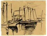 Max Pechstein, Kurenkähne und Spiegelung, 1911, Tuschpinsel auf bräunlichem Papier