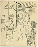 Passanten, Paris by George Grosz, 1924, Rohrfeder und Feder in Tusche auf festem Schoeller-Velin (Prägestempel: UNIVERSAL), sold Jul 2020