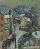 Hans Jüchser, Winterabend, 1955, Öl auf Hartfaser