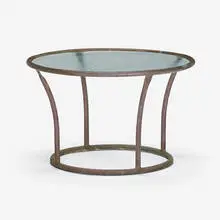 Side table by Kipp Stewart, c. 1968, glass, bronze, sold Jul 2023
