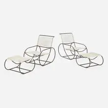 Kipp Stewart, Bronze Age lounge chairs, model 40600, and ottomans, pair, c. 1968, bronze, flagline