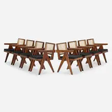 Pierre Jeanneret, Office Cane chairs from Chandigarh, set of eight, c. 1960, teak, cane, upholstery