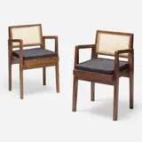 Armchairs from Chandigarh, pair by Pierre Jeanneret, c. 1955, teak, cane, upholstery, sold Apr 2023