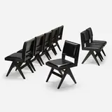 Dining chairs from Chandigarh, set of eight by Pierre Jeanneret, c. 1958-1959, lacquered teak, leather, sold Apr 2023