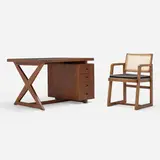 Desk and chair from Chandigarh by Pierre Jeanneret, c. 1960, teak, leather, cane, upholstery, sold Apr 2023