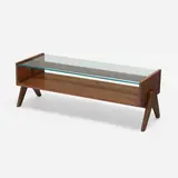 Coffee table from Chandigarh by Pierre Jeanneret, c. 1960, teak, glass, sold Apr 2023