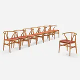 Hans J. Wegner, Wishbone chairs, set of eight, 1950, oak, paper cord