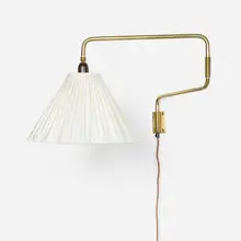 Itsu, Articulated wall lamp, c. 1955, brass-plated metal, silk shade