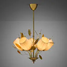 Itsu, Chandelier, model ER 110/5, c. 1956, brass, glass with gilt and frosted decoration