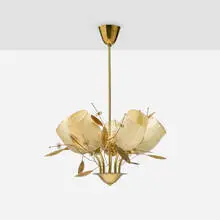 Itsu, Chandelier, model ER 110/5, c. 1956, brass, gilt and frosted glass