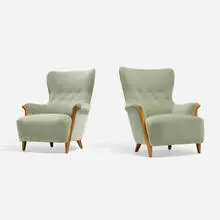 Gustaf Allert, Lounge chairs, pair, c. 1939, upholstery, walnut