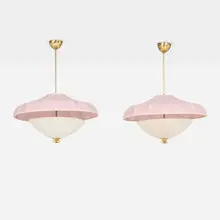 Itsu, Hanging lamps, pair, c. 1955, brass, silk and polyester shades