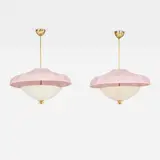 Itsu, Hanging lamps, pair, c. 1955, brass, silk and polyester shades