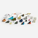 Oiva Toikka, Collection of eighteen birds, one egg, and three mugs, glass, screenprint in colors on ceramic