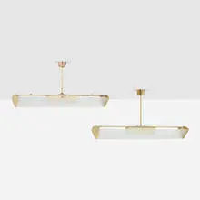 Lisa Johansson-Pape, Ceiling lamps, pair, c. 1955, brass, frosted glass, painted steel