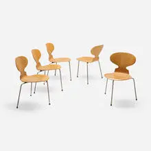 Arne Jacobsen, Ant dining chairs, set of five, 1952, beech plywood, matte chrome-plated steel, rubber