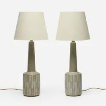 Per Linnemann-Schmidt, Table lamps, pair, c. 1960, glazed stoneware, linen shades