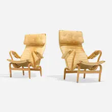 Bruno Mathsson, Pernilla 2 lounge chairs, pair, 1943 / 1977, laminated and steam-bent beech, leather upholstery